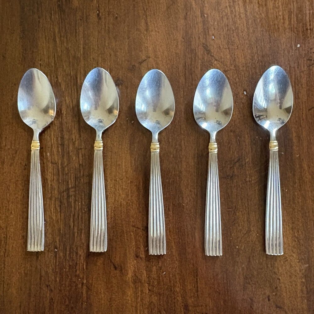 REED & BARTON GOLDEN CRESCENDO Stainless Flatware 5 Oval Soup Spoons Reeded MCM